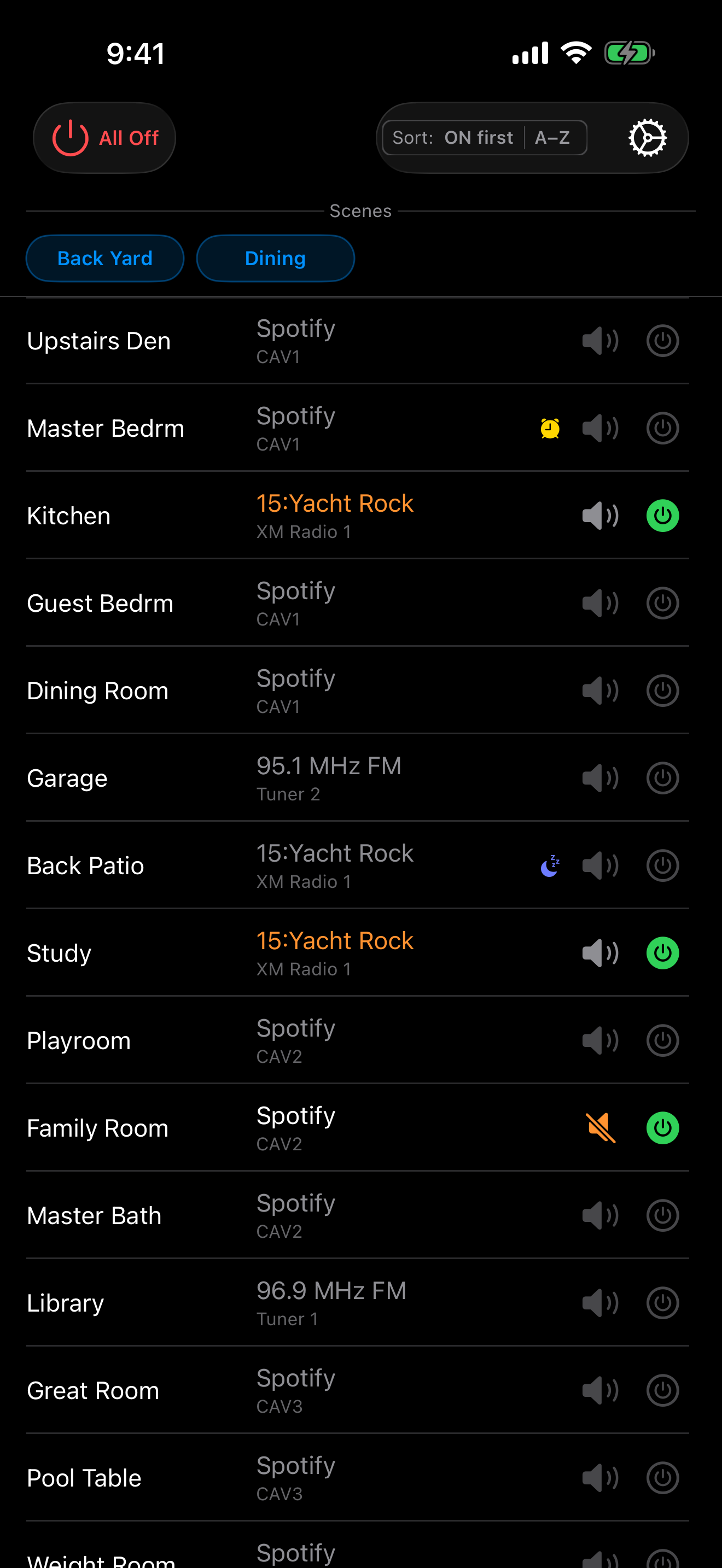 CAV6 Control home screen showing all zones