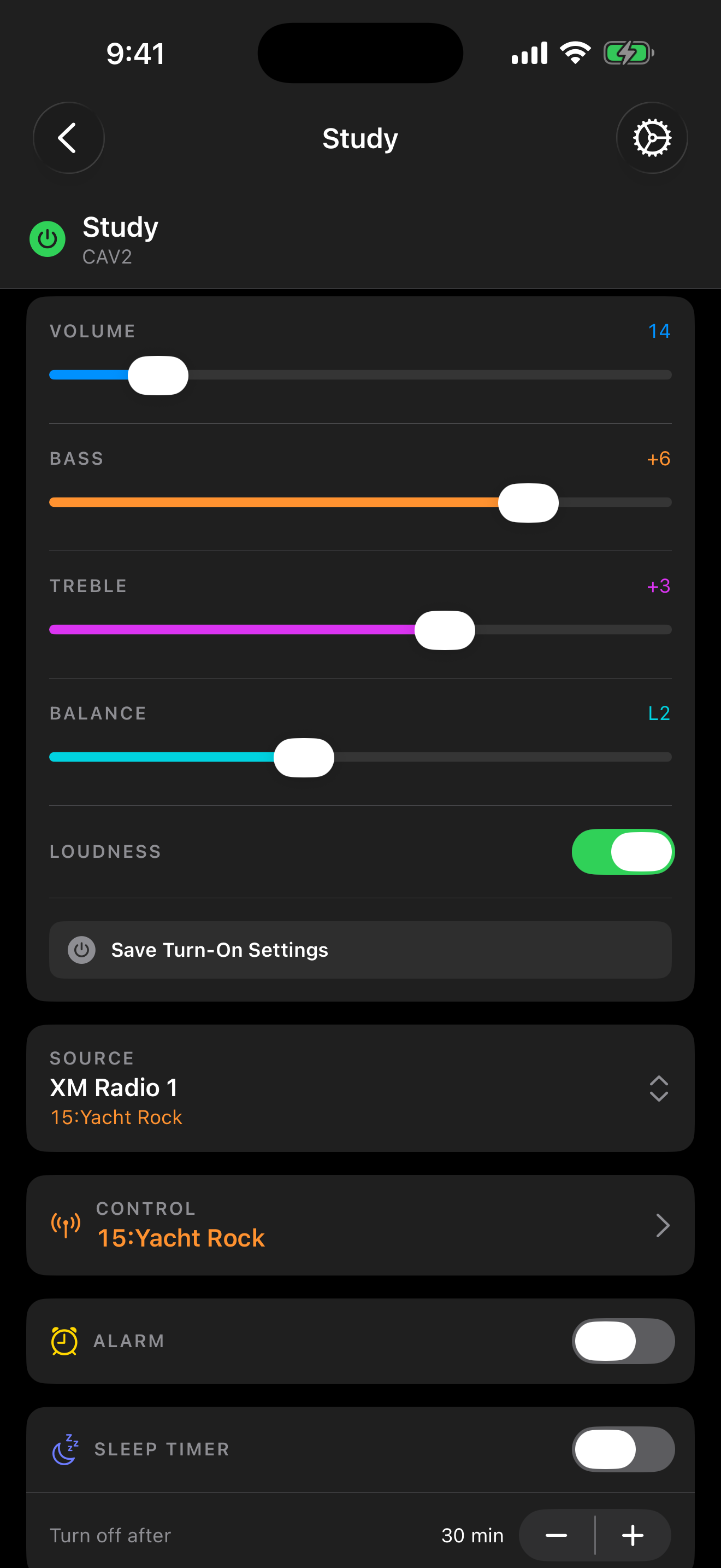 Zone detail with volume, bass, treble, and balance
