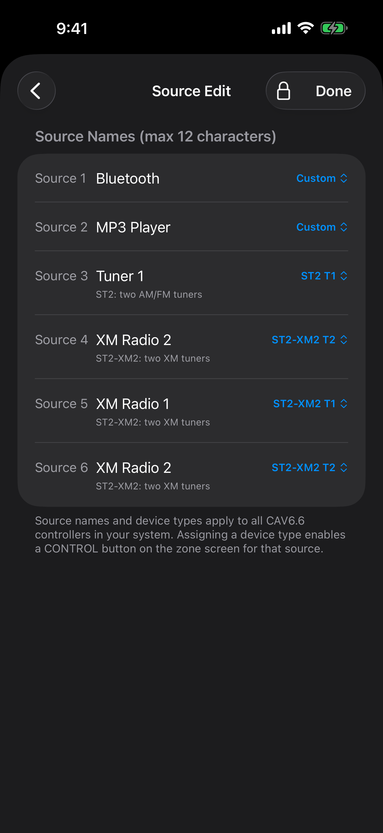 Source Edit screen naming sources and assigning tuner device types