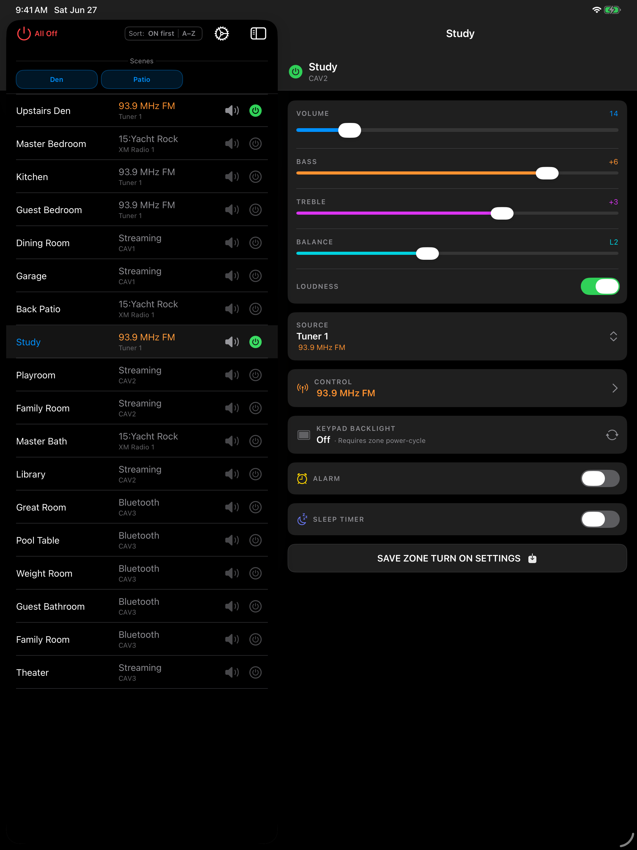 iPad split view showing zone list alongside zone detail