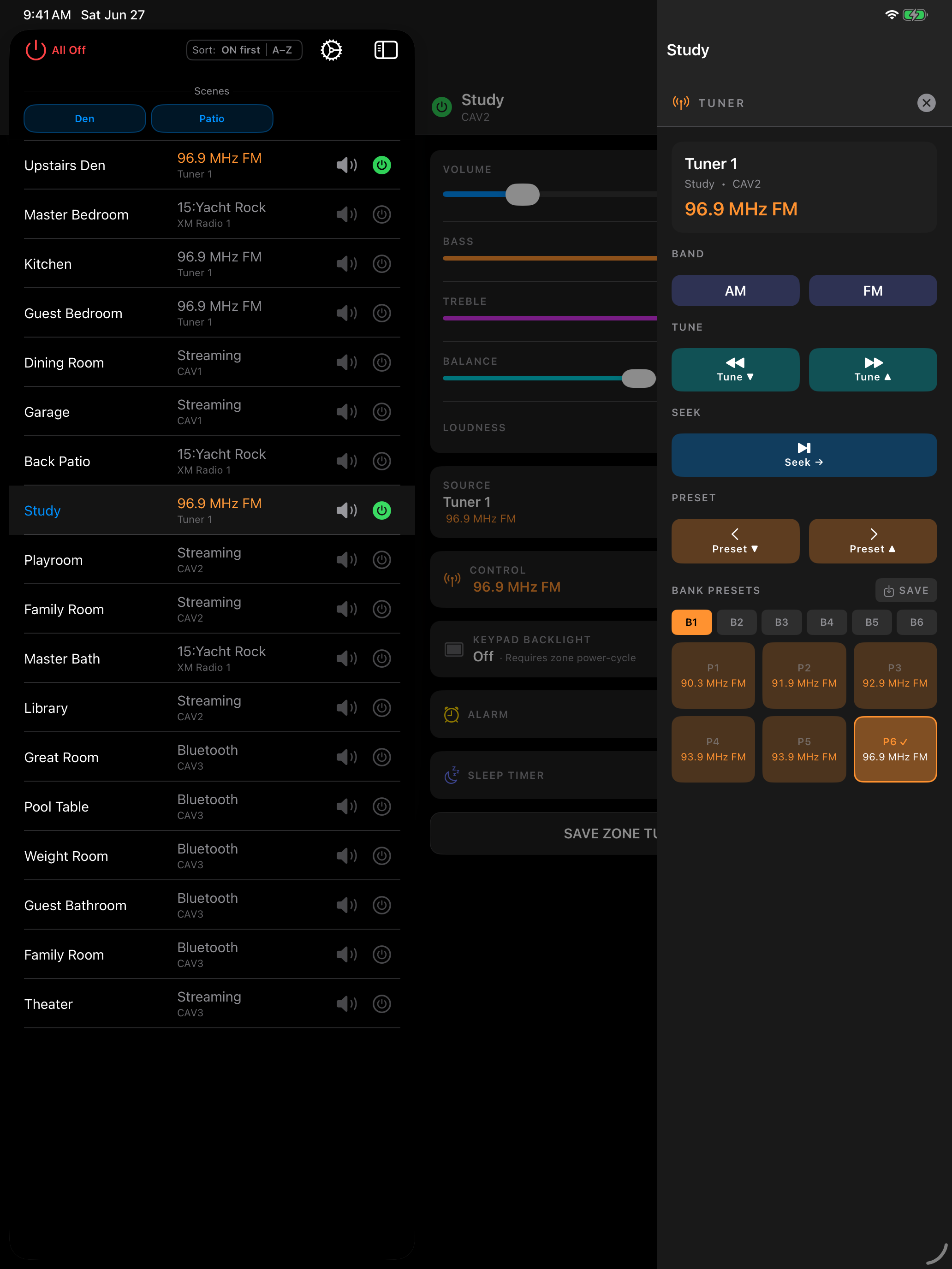 iPad tuner panel open alongside zone list