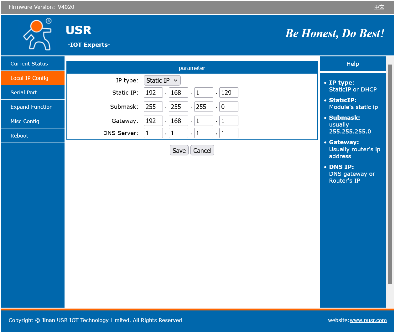 USR-TCP232-302 Local IP Configuration screen