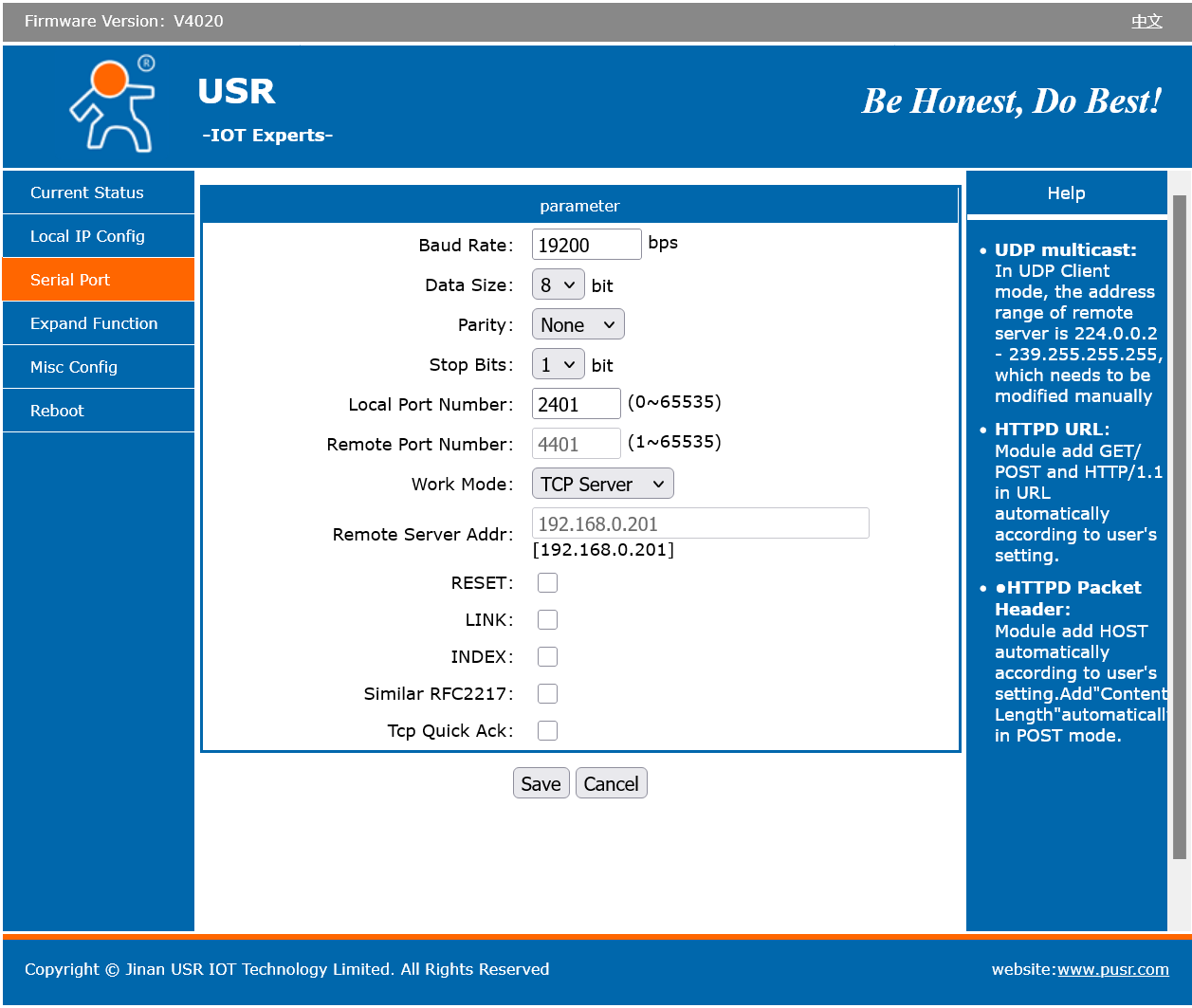 USR-TCP232-302 Serial Port settings screen