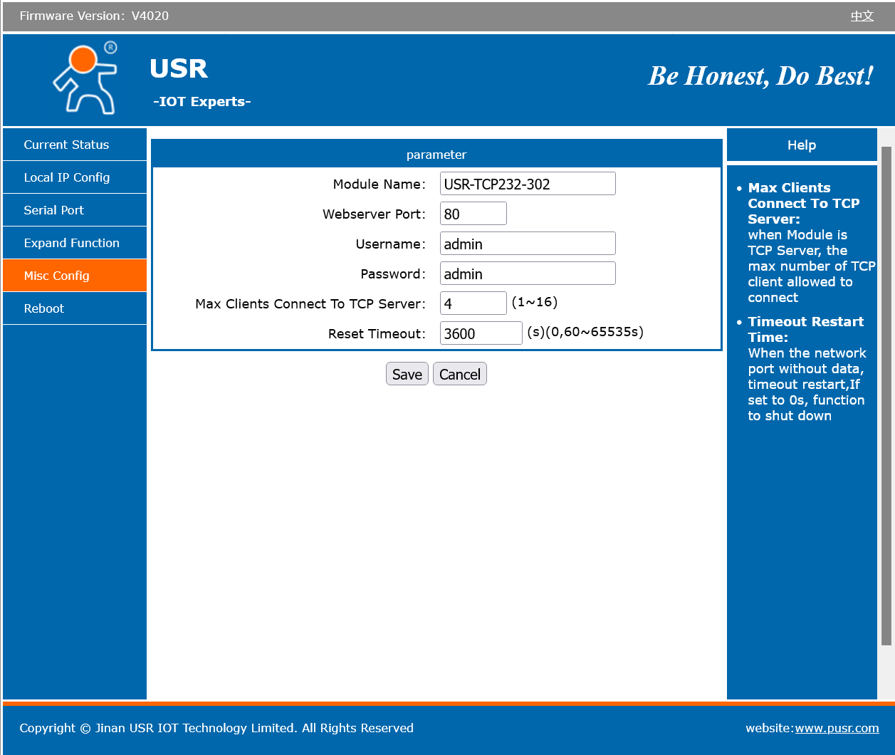 USR-TCP232-302 Misc Config screen